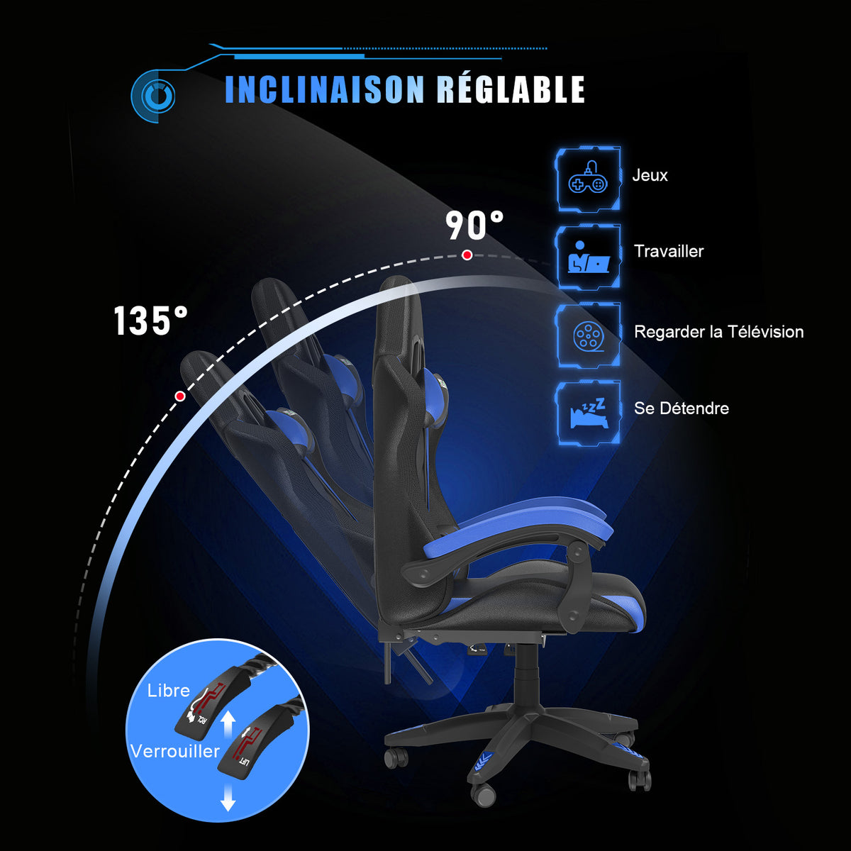 Chaise de jeu Ergonomique avec Lumières LED RVB, Inclinable, Appui-tête et Support Lombaire Style Course