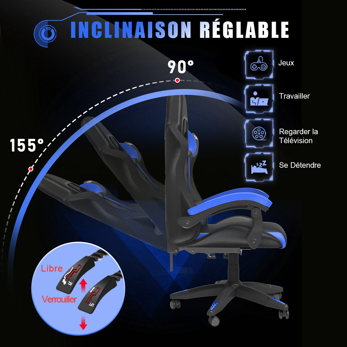 Chaise de jeu Ergonomique avec Lumières LED RVB, Inclinable, Appui-tête et Support Lombaire Style Course