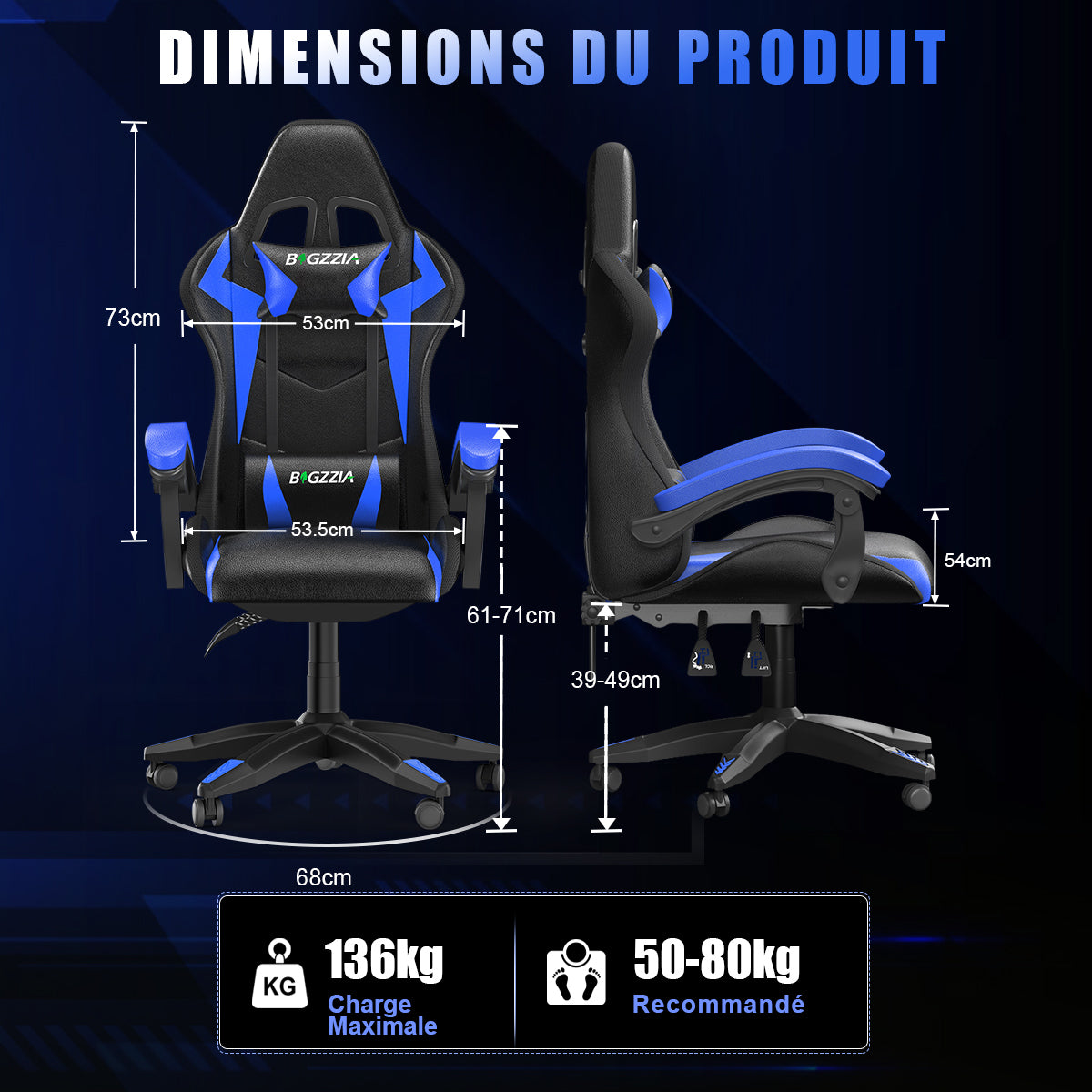 Chaise de jeu Ergonomique avec Lumières LED RVB, Inclinable, Appui-tête et Support Lombaire Style Course