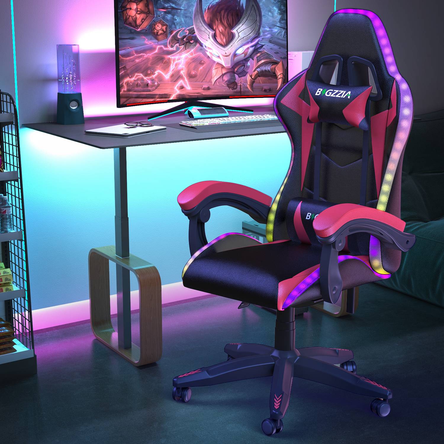 Chaise de jeu Ergonomique avec Lumières LED RVB, Inclinable, Appui-tête et Support Lombaire Style Course