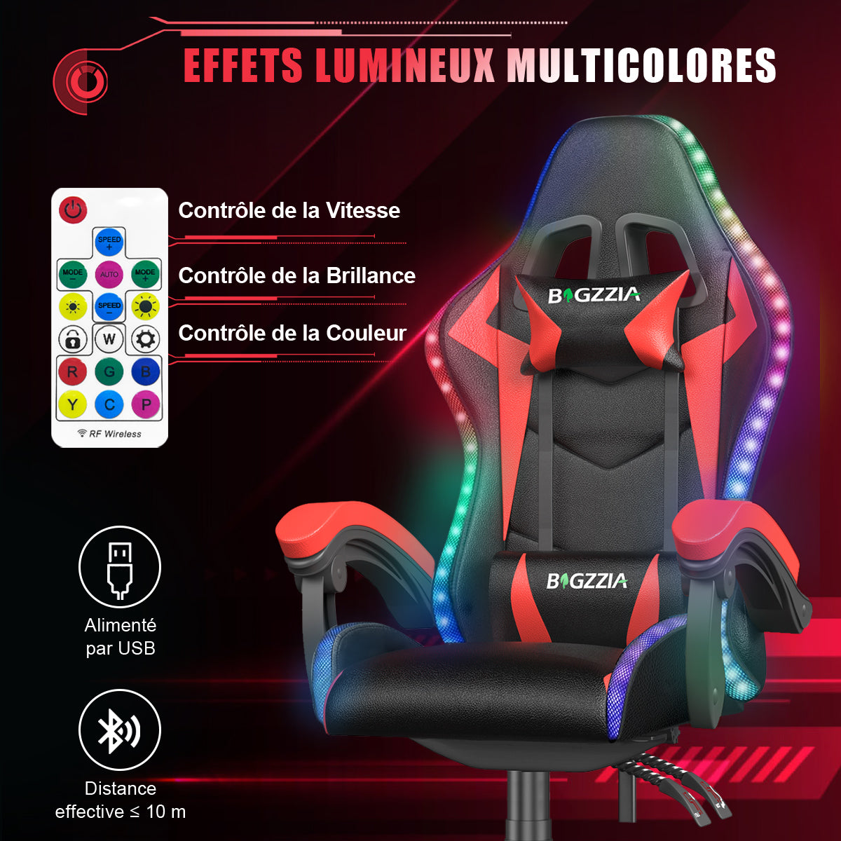 Chaise de jeu Ergonomique avec Lumières LED RVB, Inclinable, Appui-tête et Support Lombaire Style Course