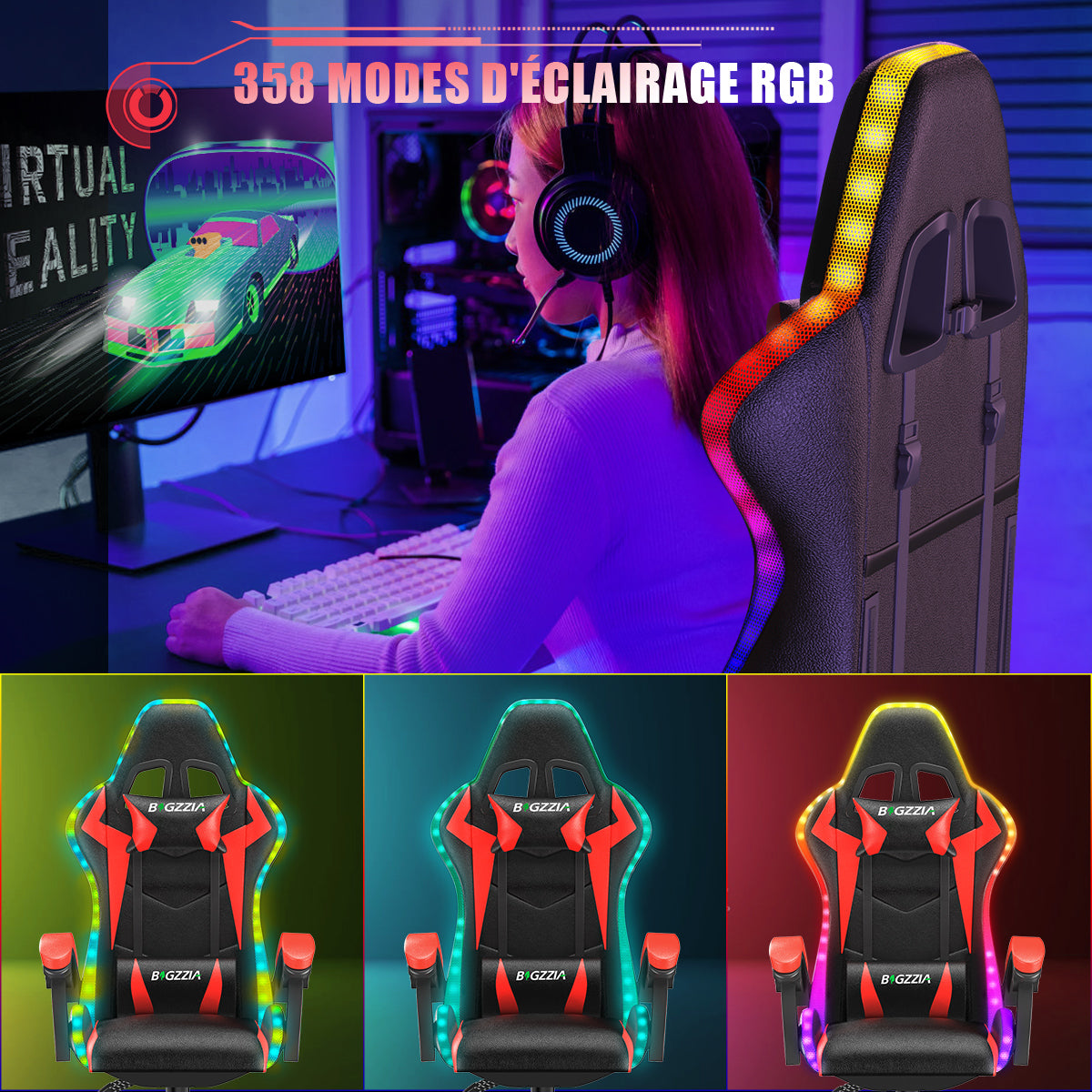 Chaise de jeu Ergonomique avec Lumières LED RVB, Inclinable, Appui-tête et Support Lombaire Style Course
