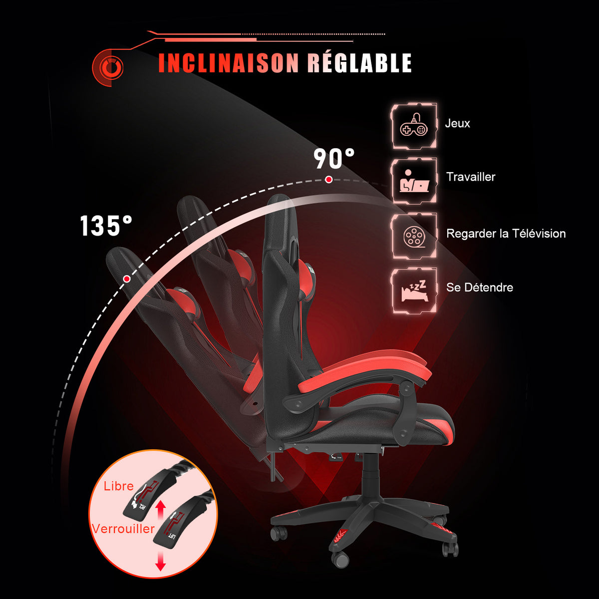 Chaise de jeu Ergonomique avec Lumières LED RVB, Inclinable, Appui-tête et Support Lombaire Style Course