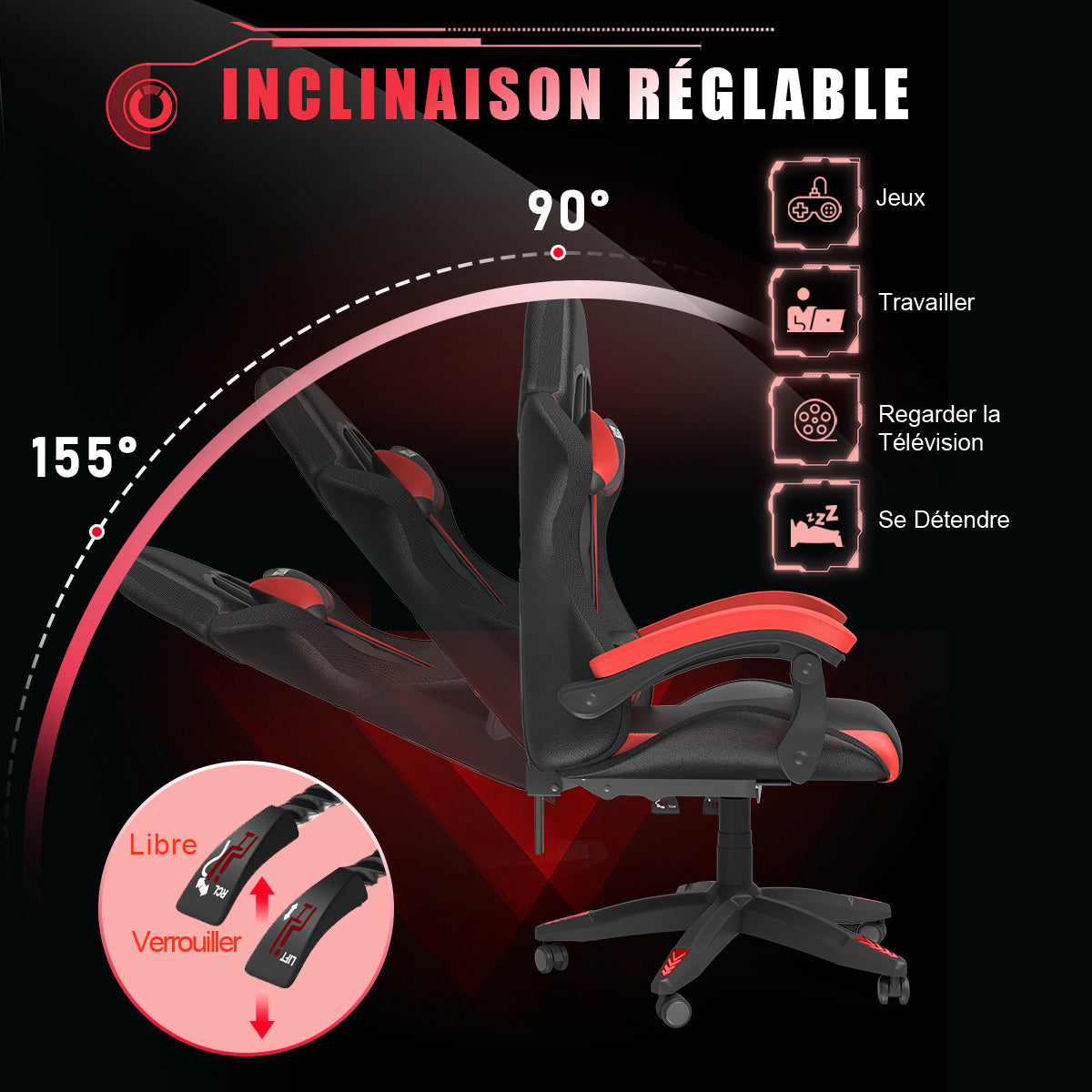 Chaise de jeu Ergonomique avec Lumières LED RVB, Inclinable, Appui-tête et Support Lombaire Style Course