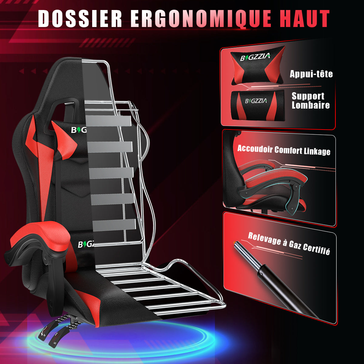 Chaise de jeu Ergonomique avec Lumières LED RVB, Inclinable, Appui-tête et Support Lombaire Style Course