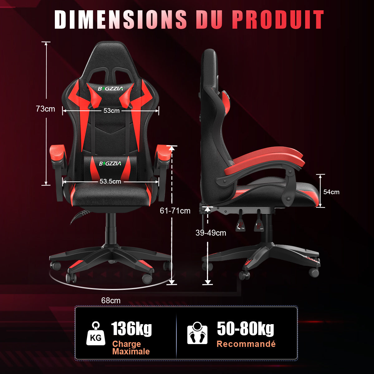 Chaise de jeu Ergonomique avec Lumières LED RVB, Inclinable, Appui-tête et Support Lombaire Style Course