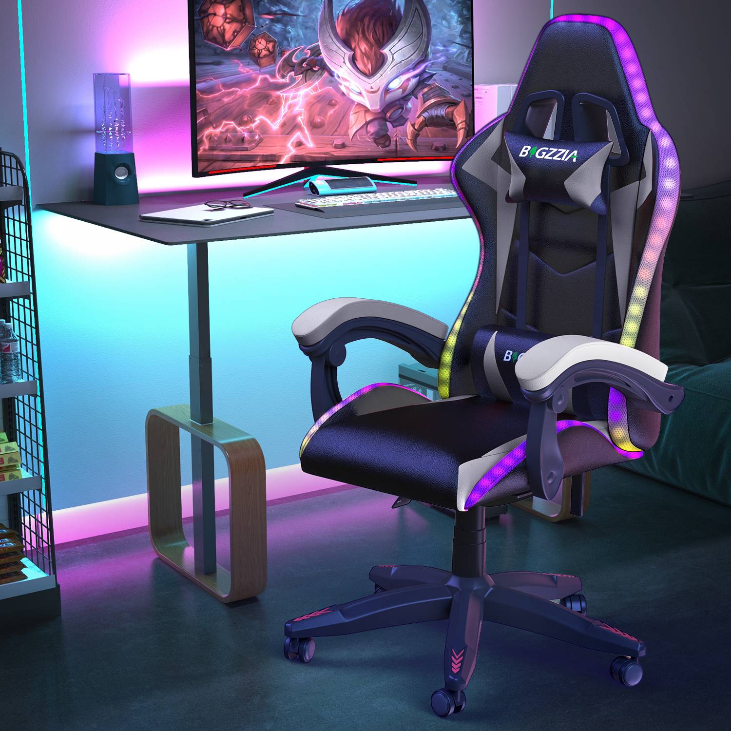 Chaise de jeu Ergonomique avec Lumières LED RVB, Inclinable, Appui-tête et Support Lombaire Style Course