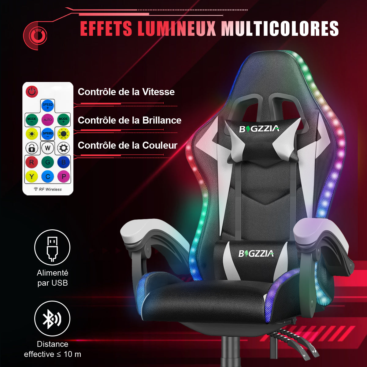 Chaise de jeu Ergonomique avec Lumières LED RVB, Inclinable, Appui-tête et Support Lombaire Style Course