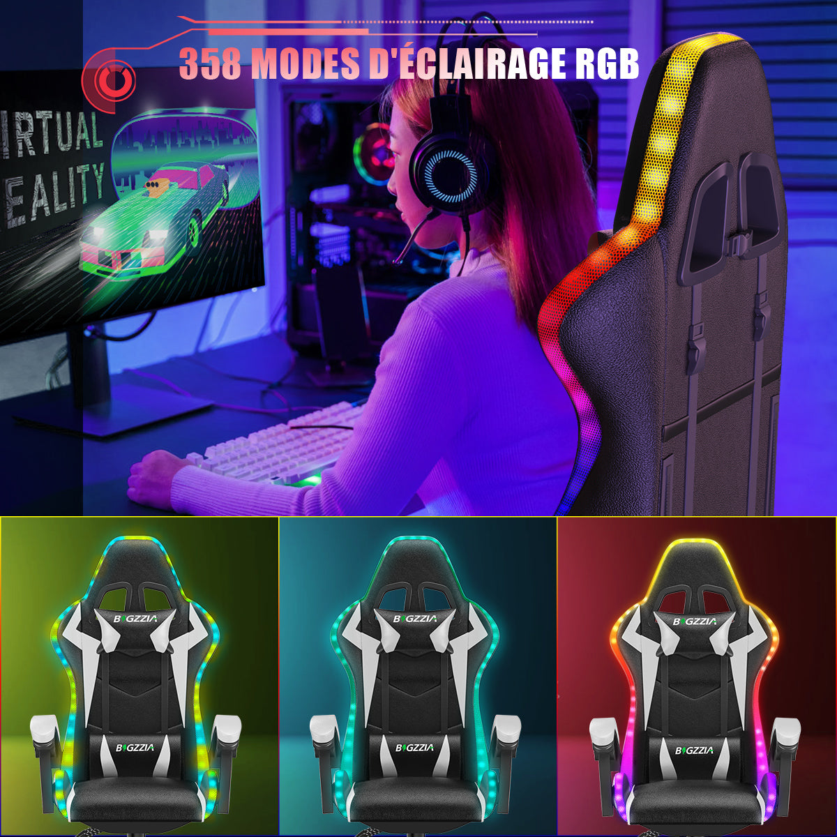 Chaise de jeu Ergonomique avec Lumières LED RVB, Inclinable, Appui-tête et Support Lombaire Style Course