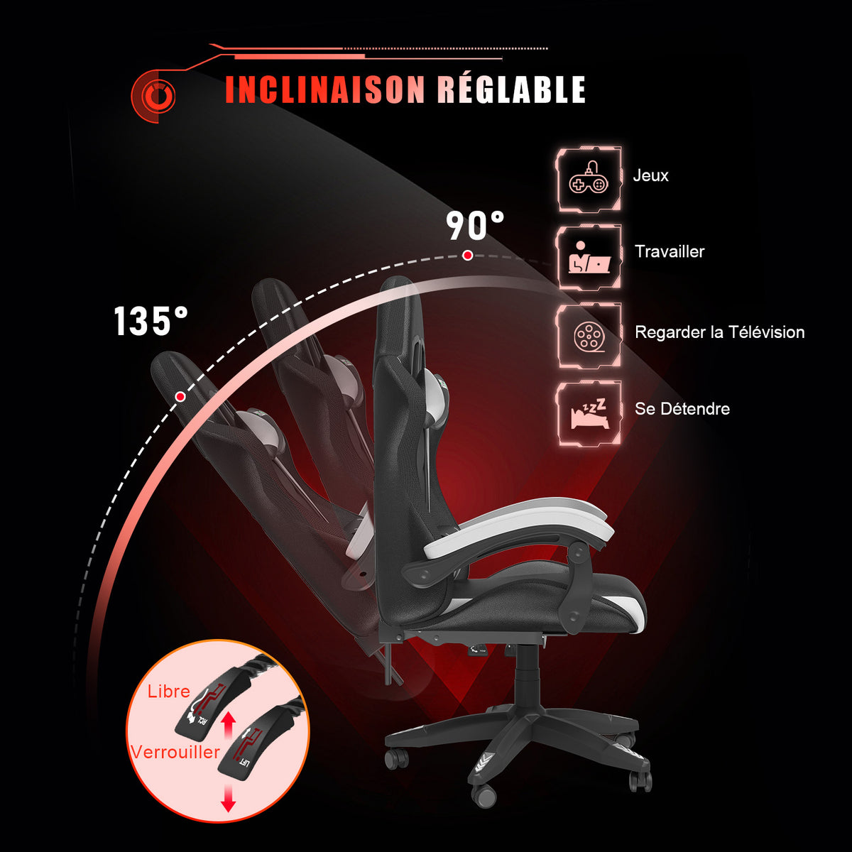 Chaise de jeu Ergonomique avec Lumières LED RVB, Inclinable, Appui-tête et Support Lombaire Style Course