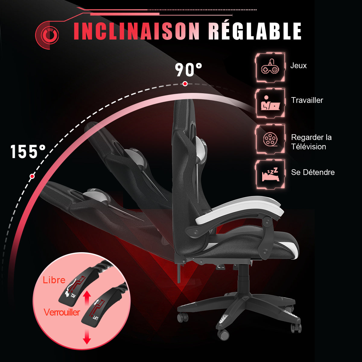 Chaise de jeu Ergonomique avec Lumières LED RVB, Inclinable, Appui-tête et Support Lombaire Style Course