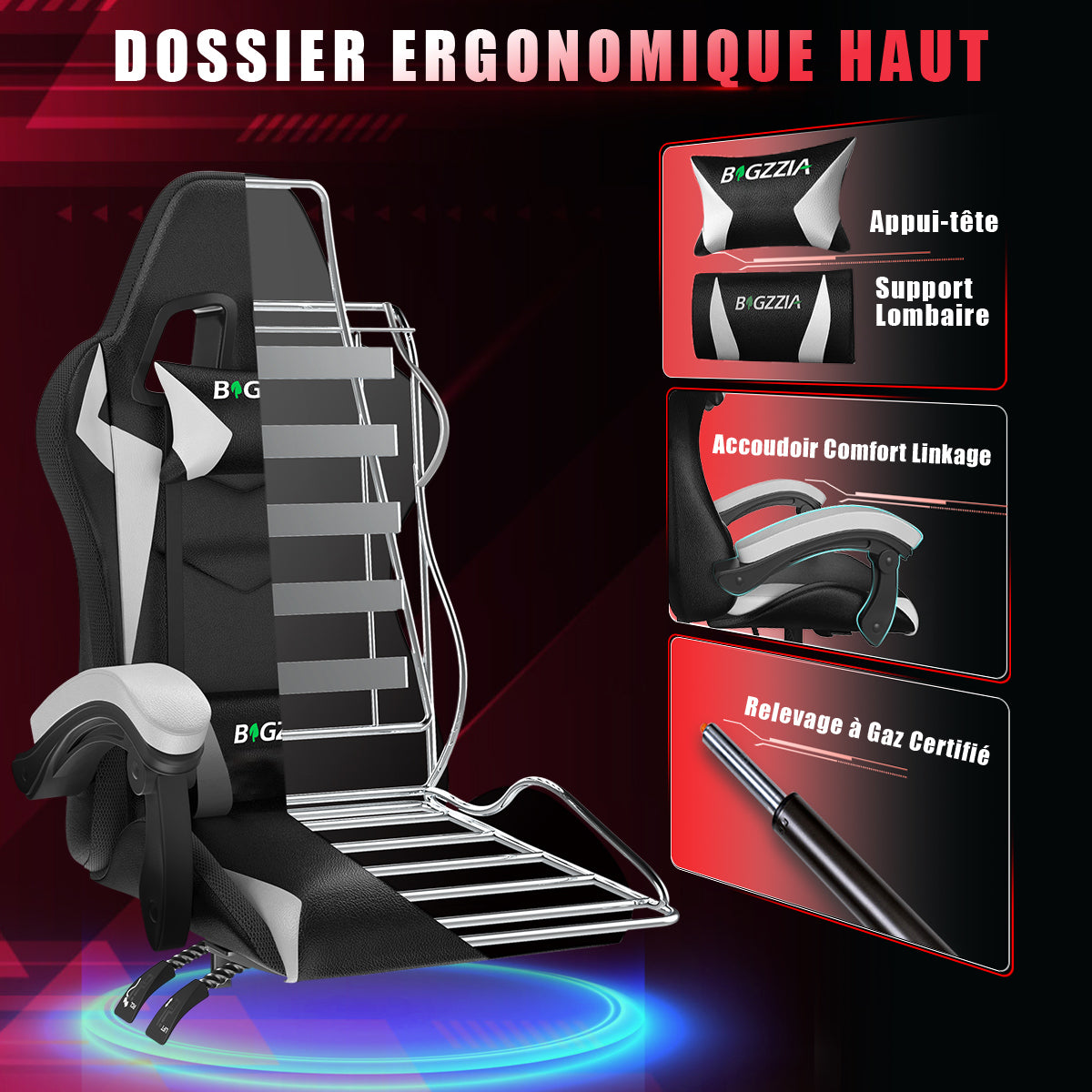 Chaise de jeu Ergonomique avec Lumières LED RVB, Inclinable, Appui-tête et Support Lombaire Style Course