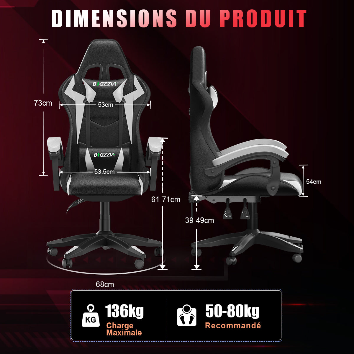 Chaise de jeu Ergonomique avec Lumières LED RVB, Inclinable, Appui-tête et Support Lombaire Style Course
