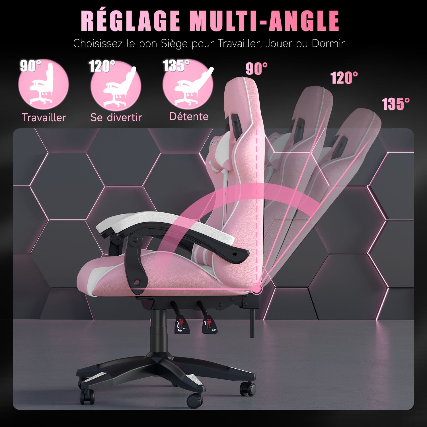 Chaise Gaming, Fauteuil Gamer, Siège de Bureau Réglable, Ergonomique, Appui-tête, Support Lombaire