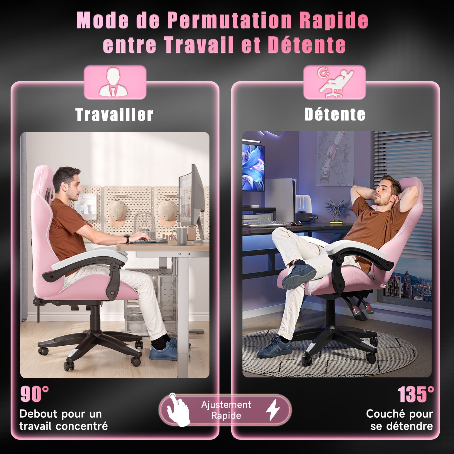 Chaise Gaming, Fauteuil Gamer, Siège de Bureau Réglable, Ergonomique, Appui-tête, Support Lombaire