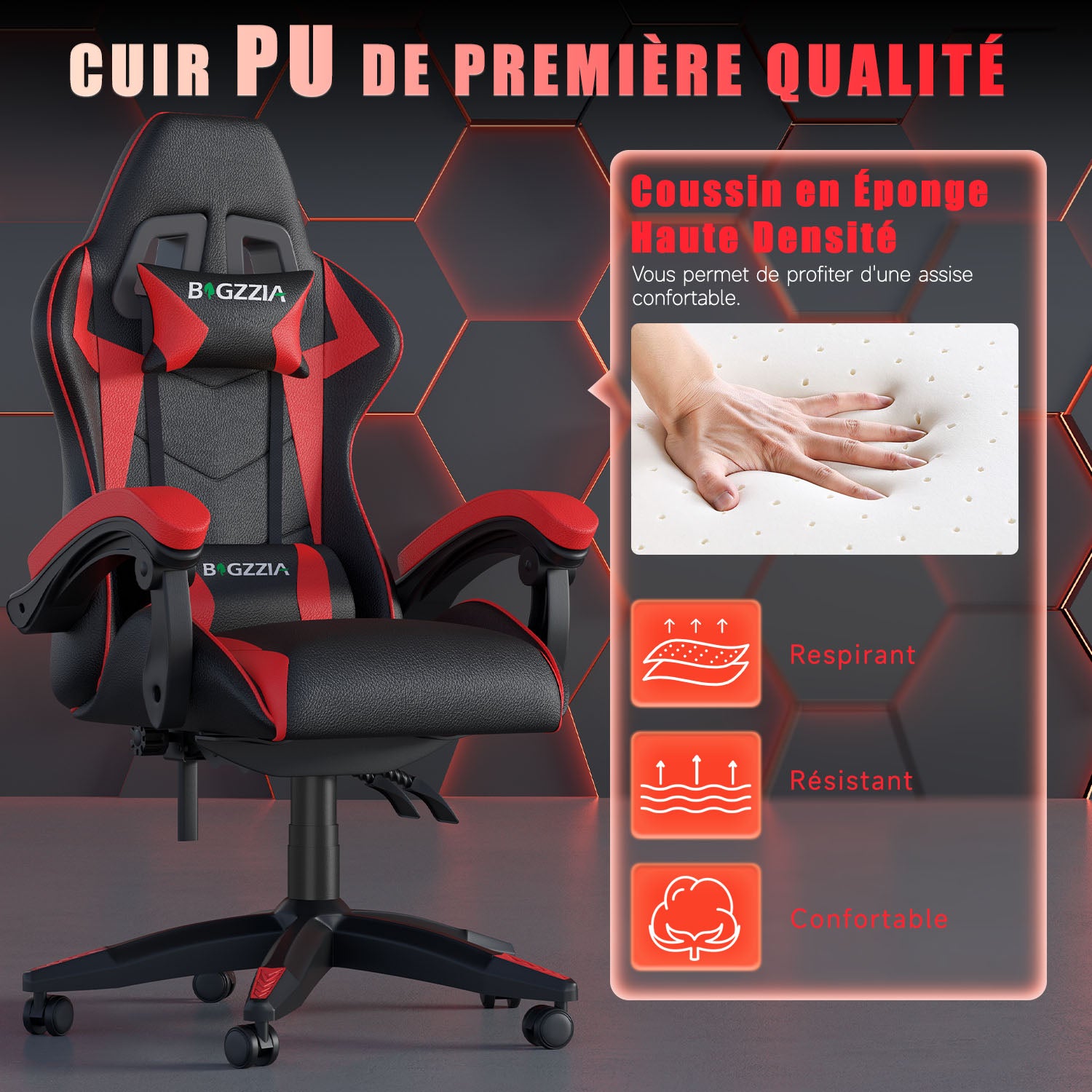 Chaise Gaming, Fauteuil Gamer, Siège de Bureau Réglable, Ergonomique, Appui-tête, Support Lombaire