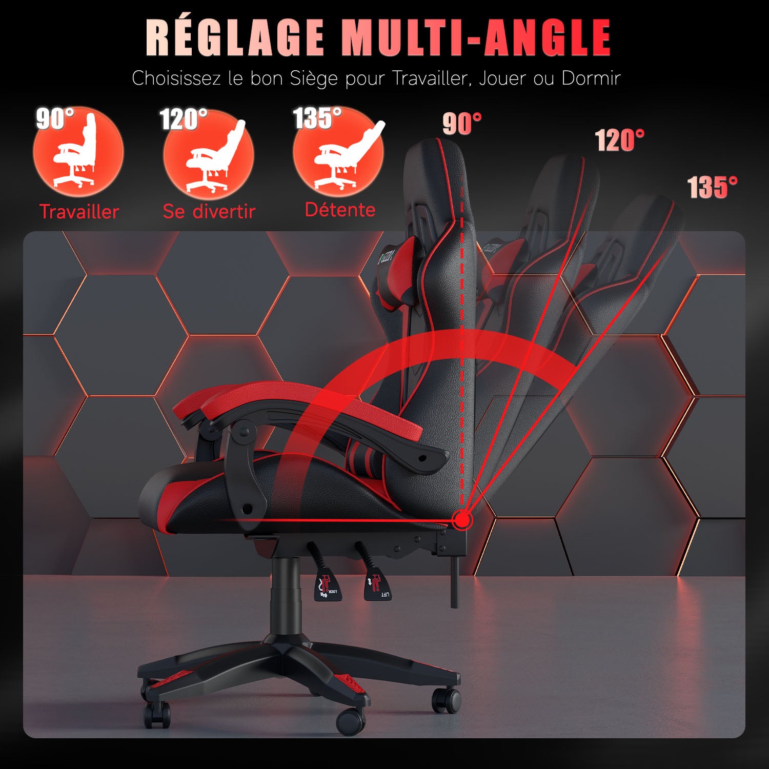 Chaise Gaming, Fauteuil Gamer, Siège de Bureau Réglable, Ergonomique, Appui-tête, Support Lombaire