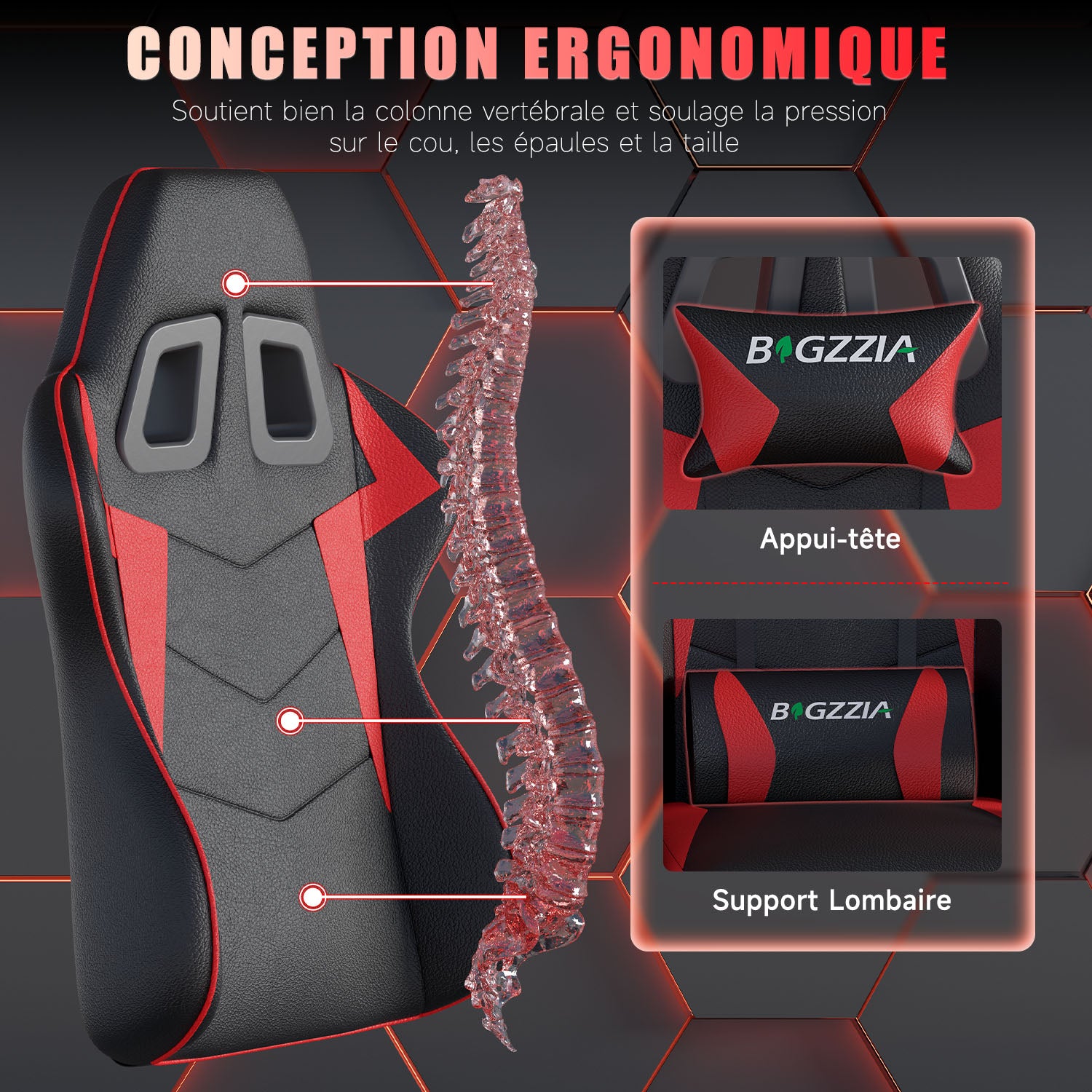 Chaise Gaming, Fauteuil Gamer, Siège de Bureau Réglable, Ergonomique, Appui-tête, Support Lombaire