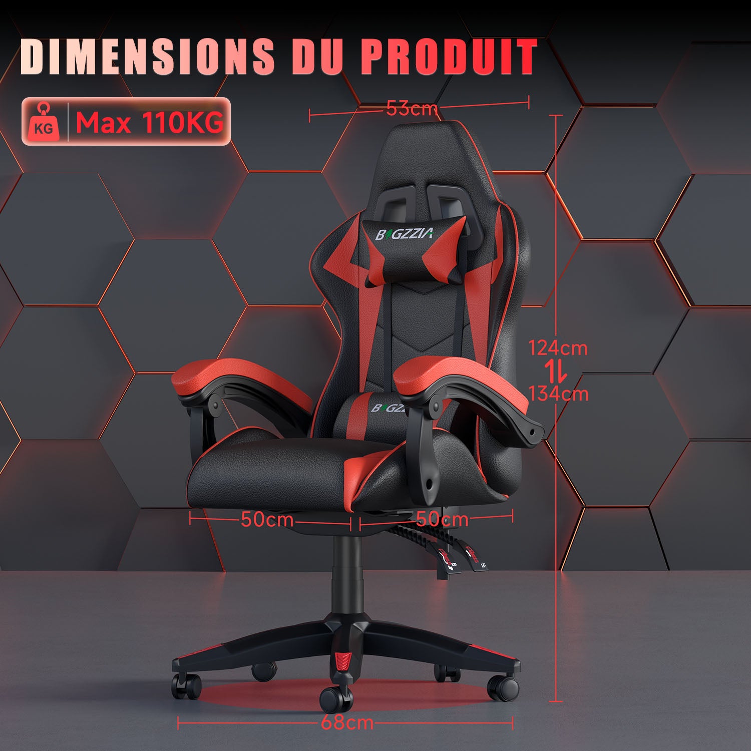 Chaise Gaming, Fauteuil Gamer, Siège de Bureau Réglable, Ergonomique, Appui-tête, Support Lombaire