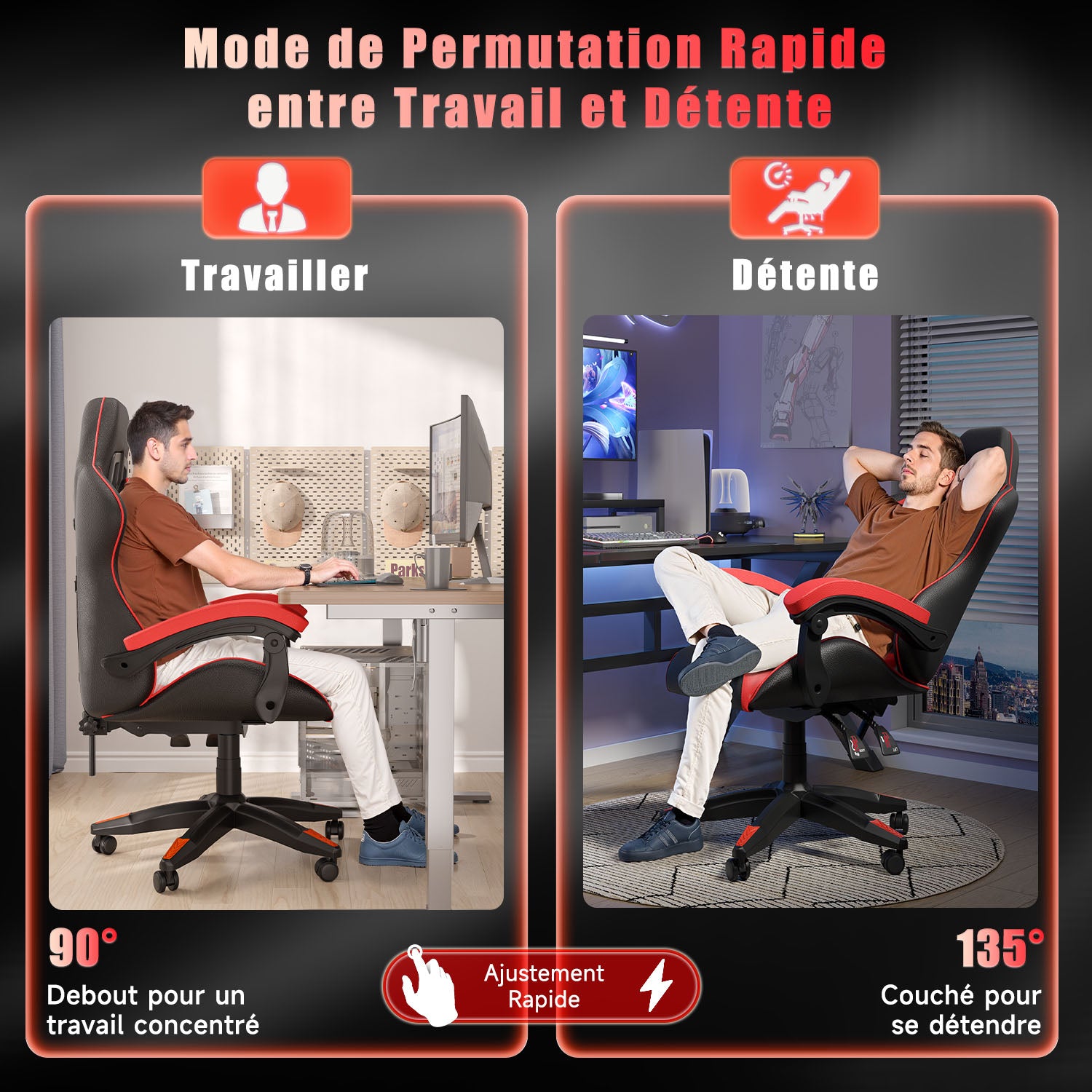Chaise Gaming, Fauteuil Gamer, Siège de Bureau Réglable, Ergonomique, Appui-tête, Support Lombaire