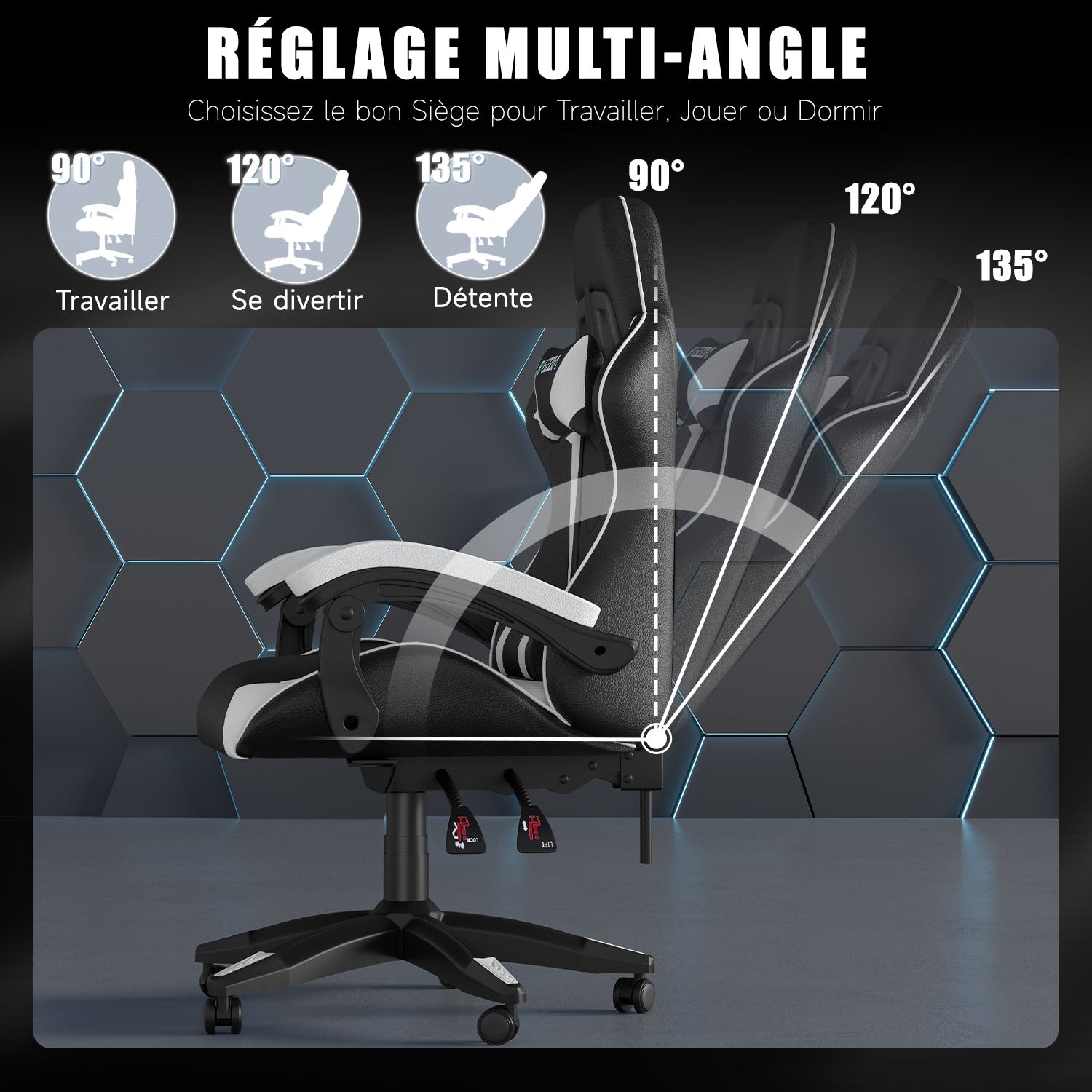 Chaise Gaming, Fauteuil Gamer, Siège de Bureau Réglable, Ergonomique, Appui-tête, Support Lombaire