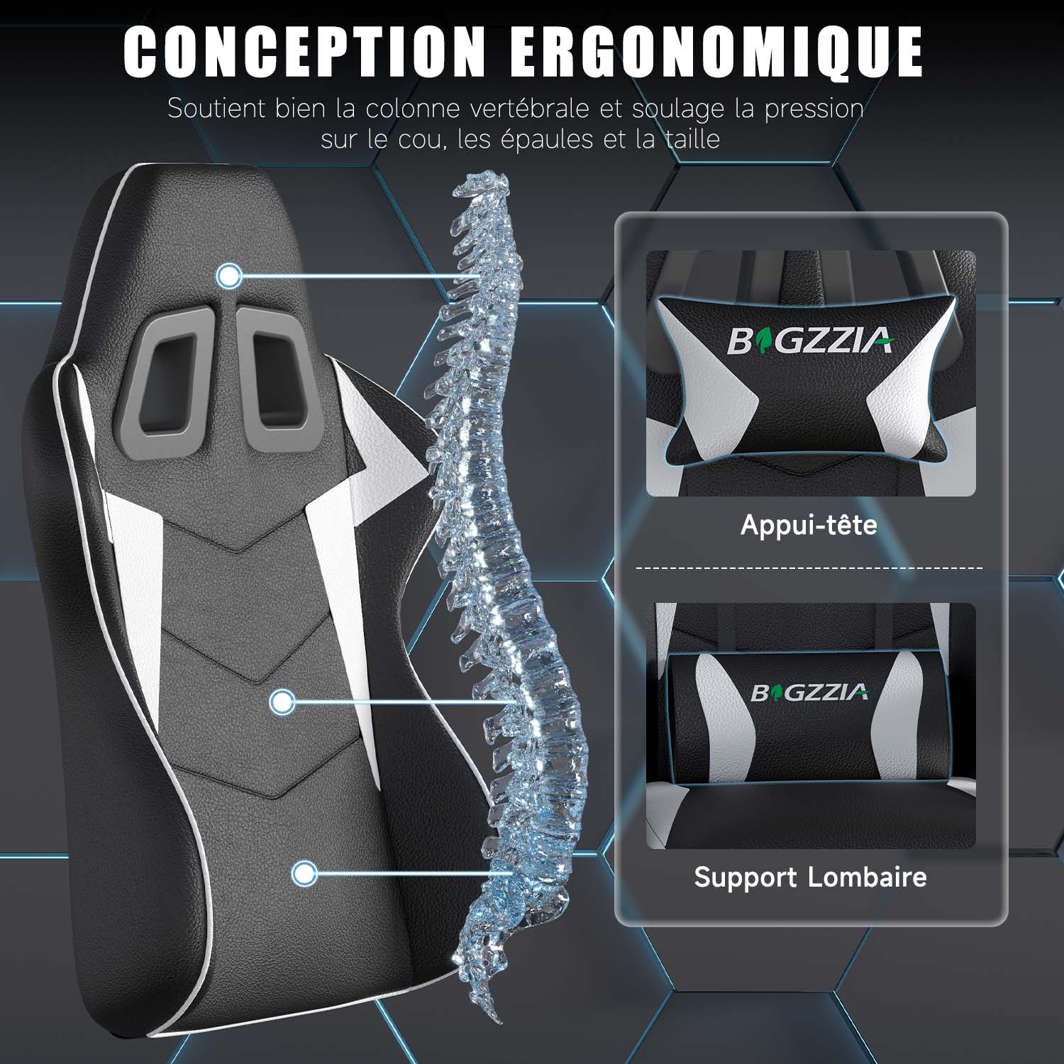 Chaise Gaming, Fauteuil Gamer, Siège de Bureau Réglable, Ergonomique, Appui-tête, Support Lombaire