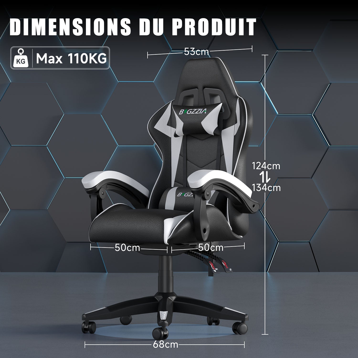 Chaise Gaming, Fauteuil Gamer, Siège de Bureau Réglable, Ergonomique, Appui-tête, Support Lombaire