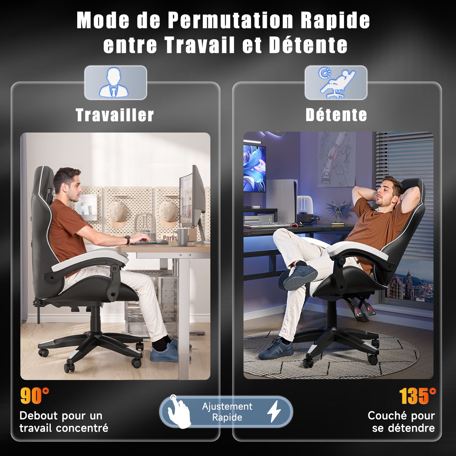 Chaise Gaming, Fauteuil Gamer, Siège de Bureau Réglable, Ergonomique, Appui-tête, Support Lombaire