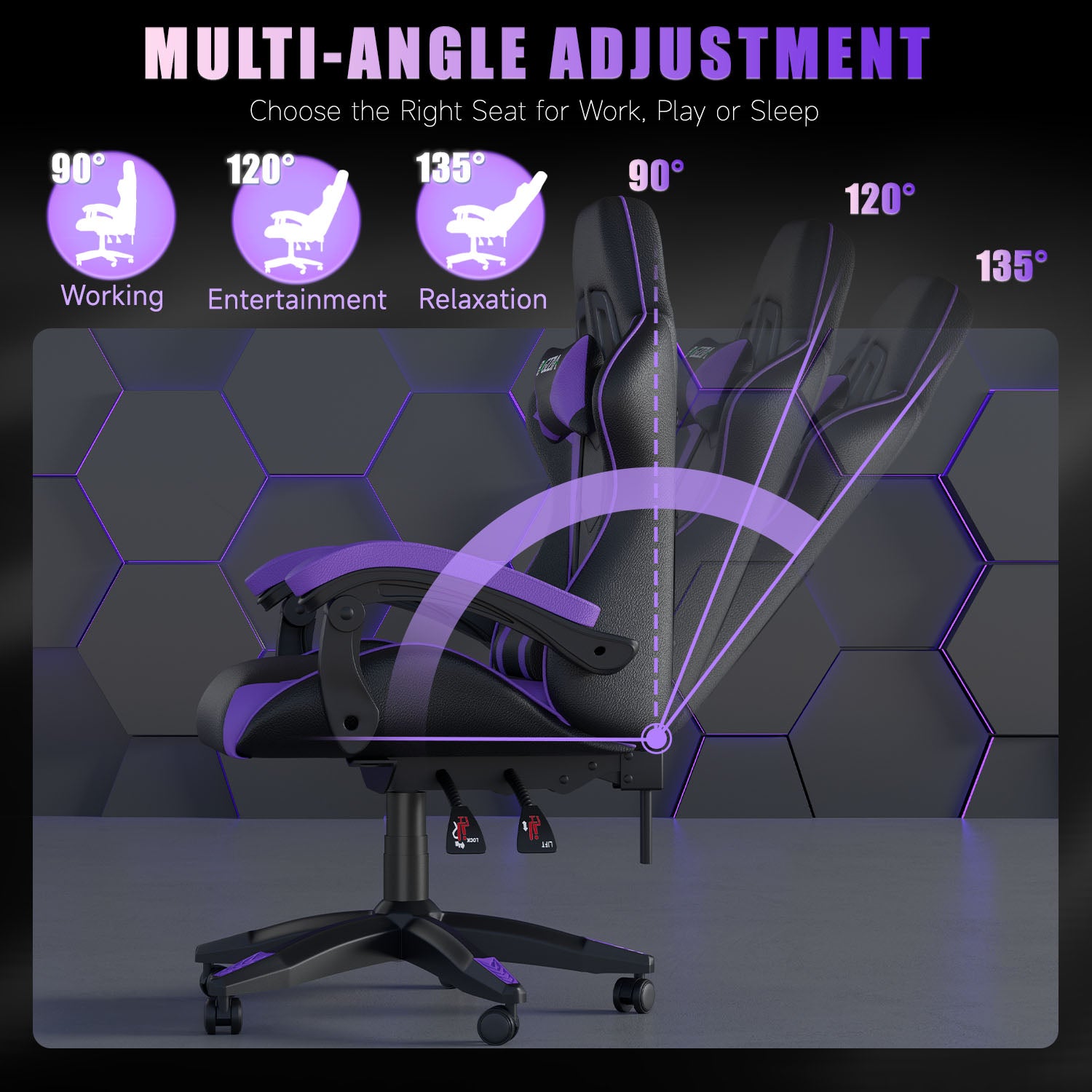 Chaise Gaming, Fauteuil Gamer, Siège de Bureau Réglable, Ergonomique, Appui-tête, Support Lombaire