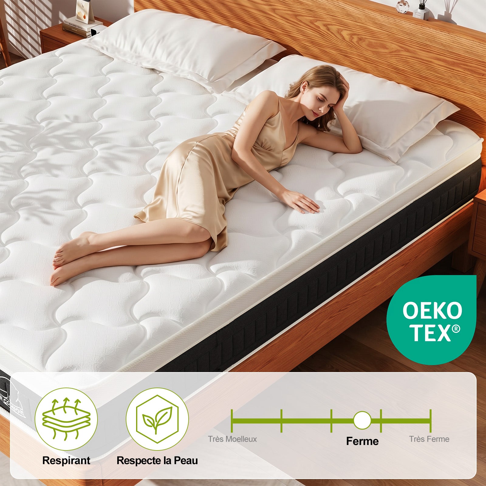 Matelas à Ressorts Ensachés avec Mousse à Mémoire de Forme, Matelas Hybrides de 25 cm, Fermeté Moyenne, Renfort des Bords