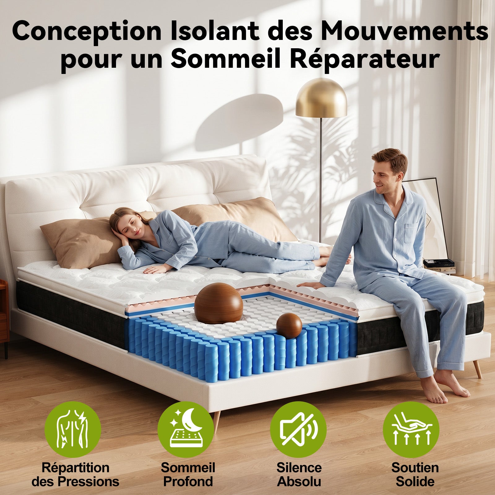 Matelas à Ressorts Ensachés avec Mousse à Mémoire de Forme, Matelas Hybrides de 25 cm, Fermeté Moyenne, Renfort des Bords