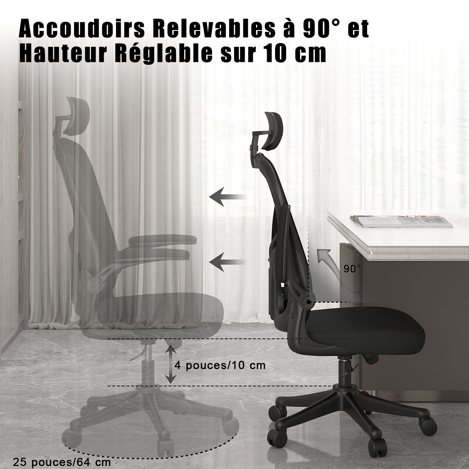 Chaise de Bureau, Siege de Bureau Ergonomique avec Support Lombaire et accoudoir réglable, Fauteuil de Bureau d'une capacité maximale de 150 kg