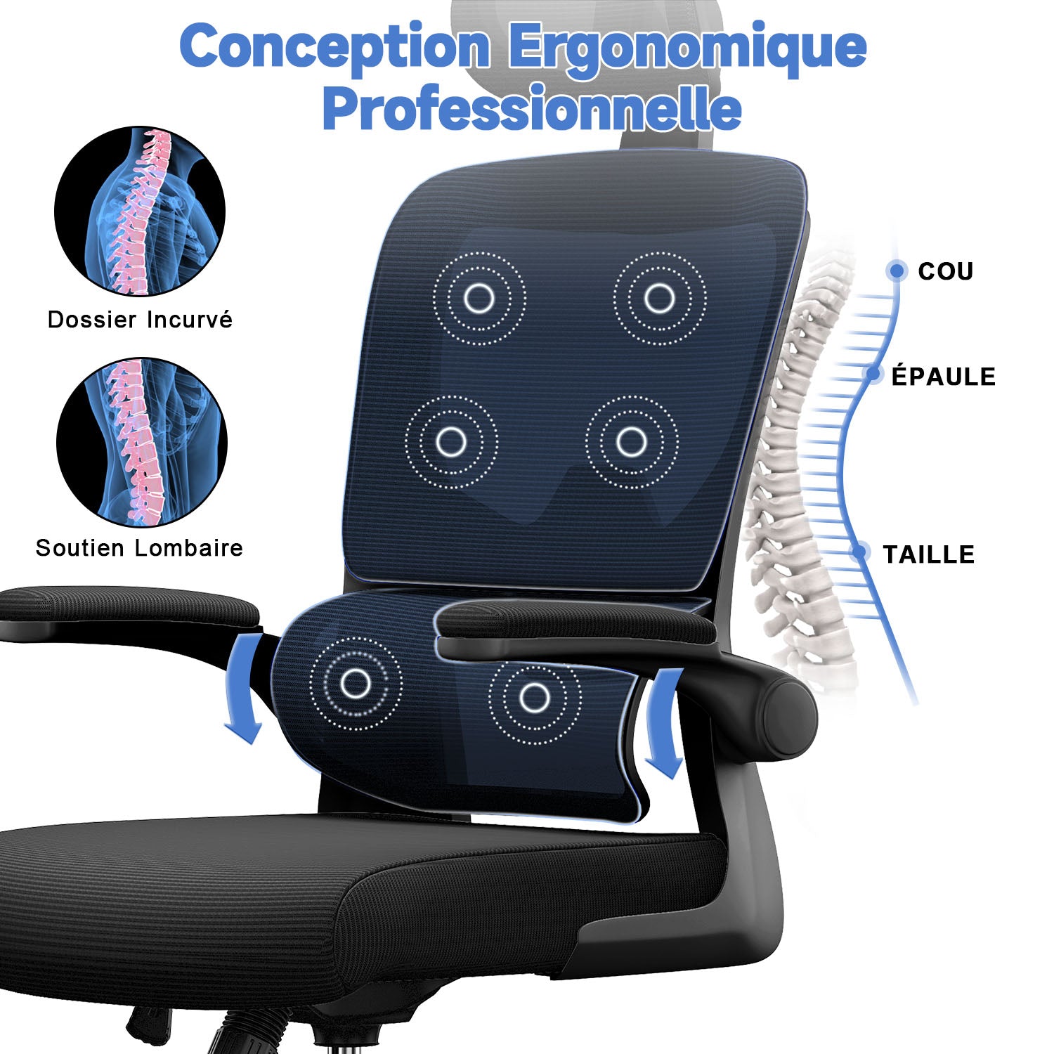 Chaise de Bureau, Siege de Bureau Ergonomique avec Support Lombaire et accoudoir réglable, Fauteuil de Bureau d'une capacité maximale de 150 kg