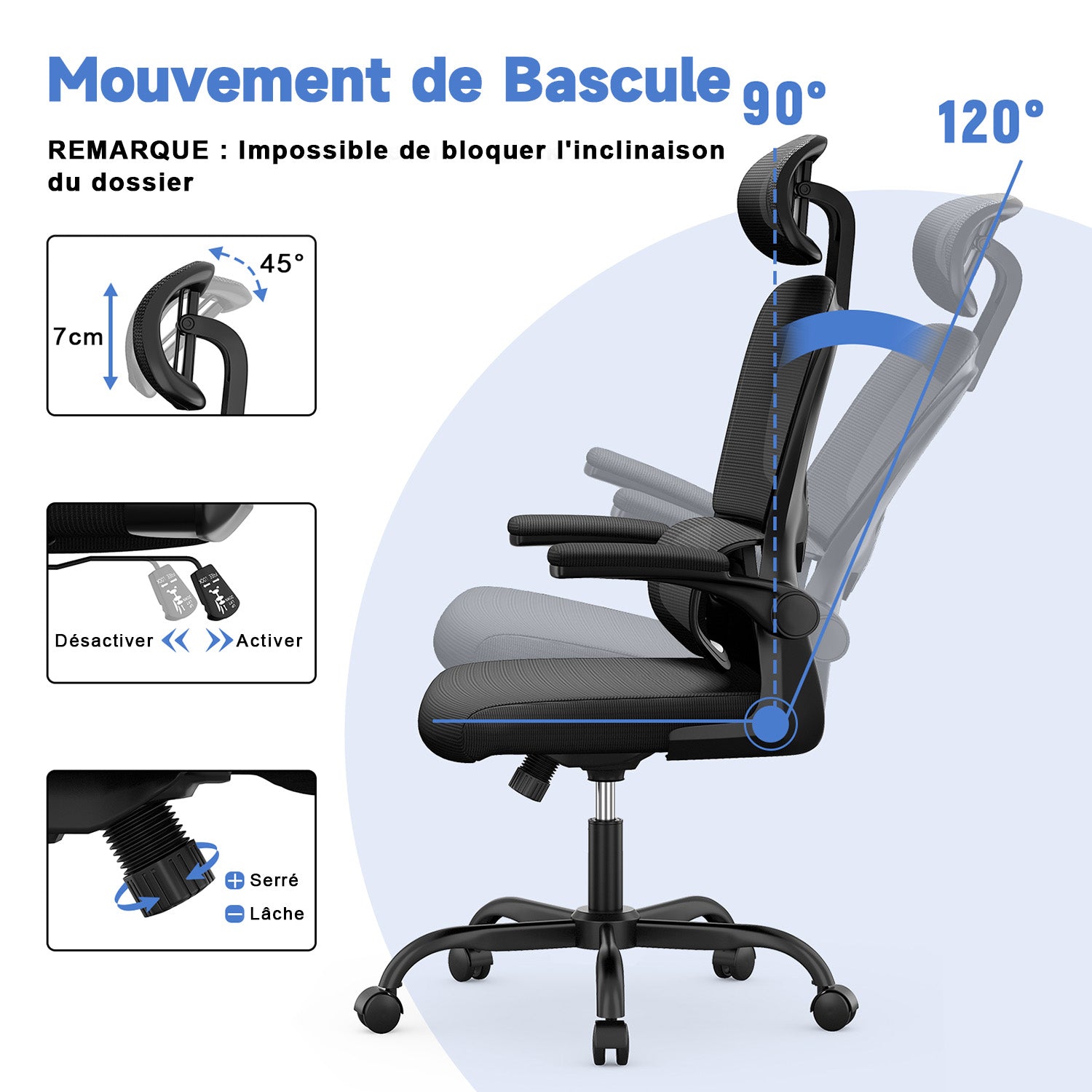 Chaise de Bureau, Siege de Bureau Ergonomique avec Support Lombaire et accoudoir réglable, Fauteuil de Bureau d'une capacité maximale de 150 kg
