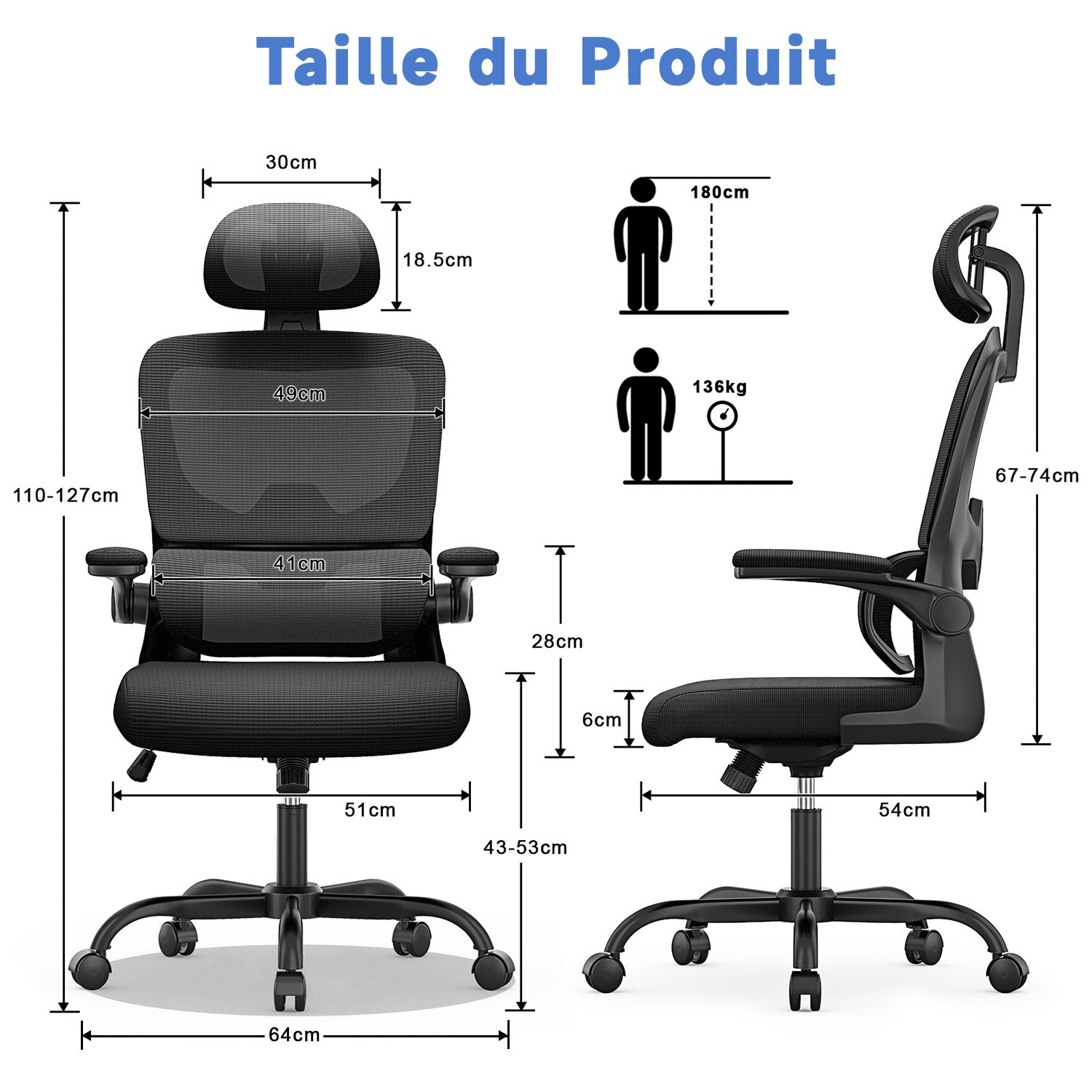 Chaise de Bureau, Siege de Bureau Ergonomique avec Support Lombaire et accoudoir réglable, Fauteuil de Bureau d'une capacité maximale de 150 kg