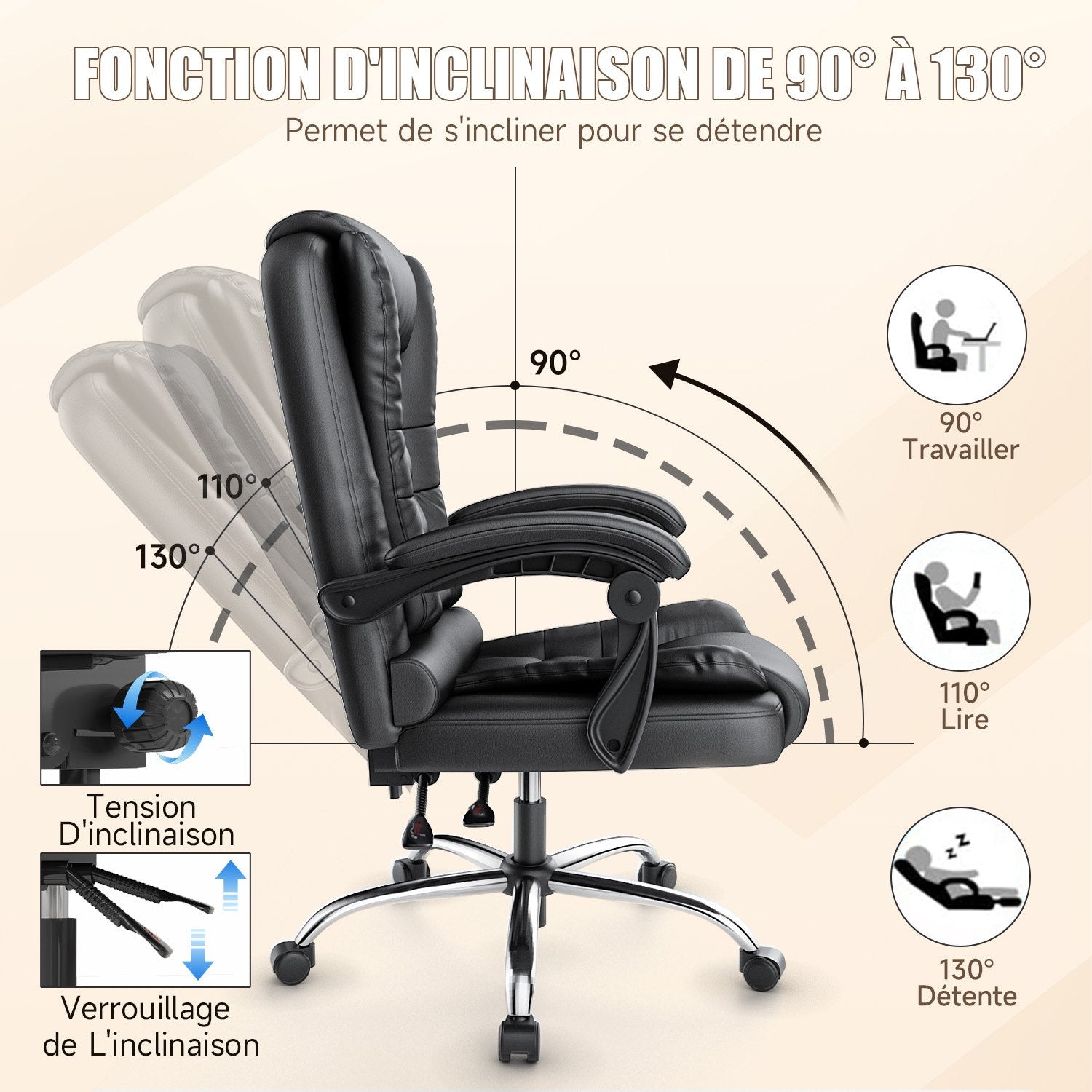 Chaise de bureau ergonomique en cuir de haute qualité avec fonction inclinable pour le bureau à domicile