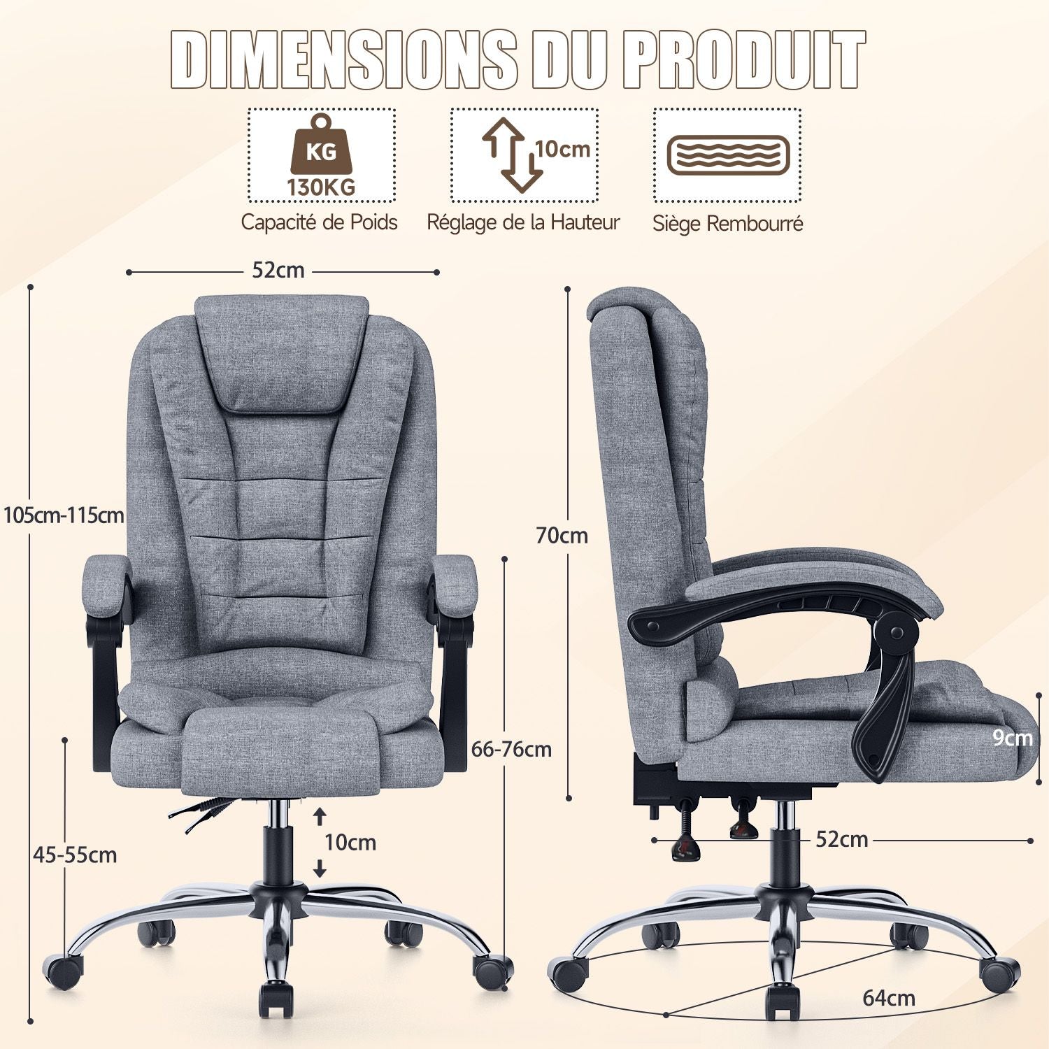 Chaise de bureau ergonomique en cuir de haute qualité avec fonction inclinable pour le bureau à domicile