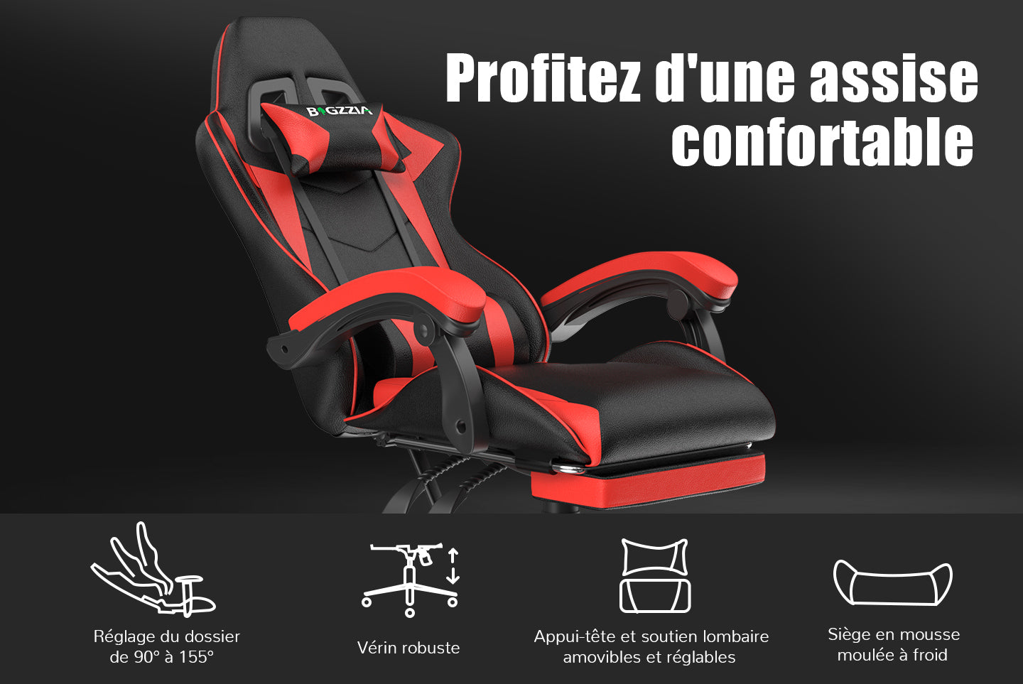 Chaise de Jeu Ergonomique Chaise Pivotante Inclinable à 155° avec Appui-tête, Support Lombaire Chaise de Bureau en Cuir PU