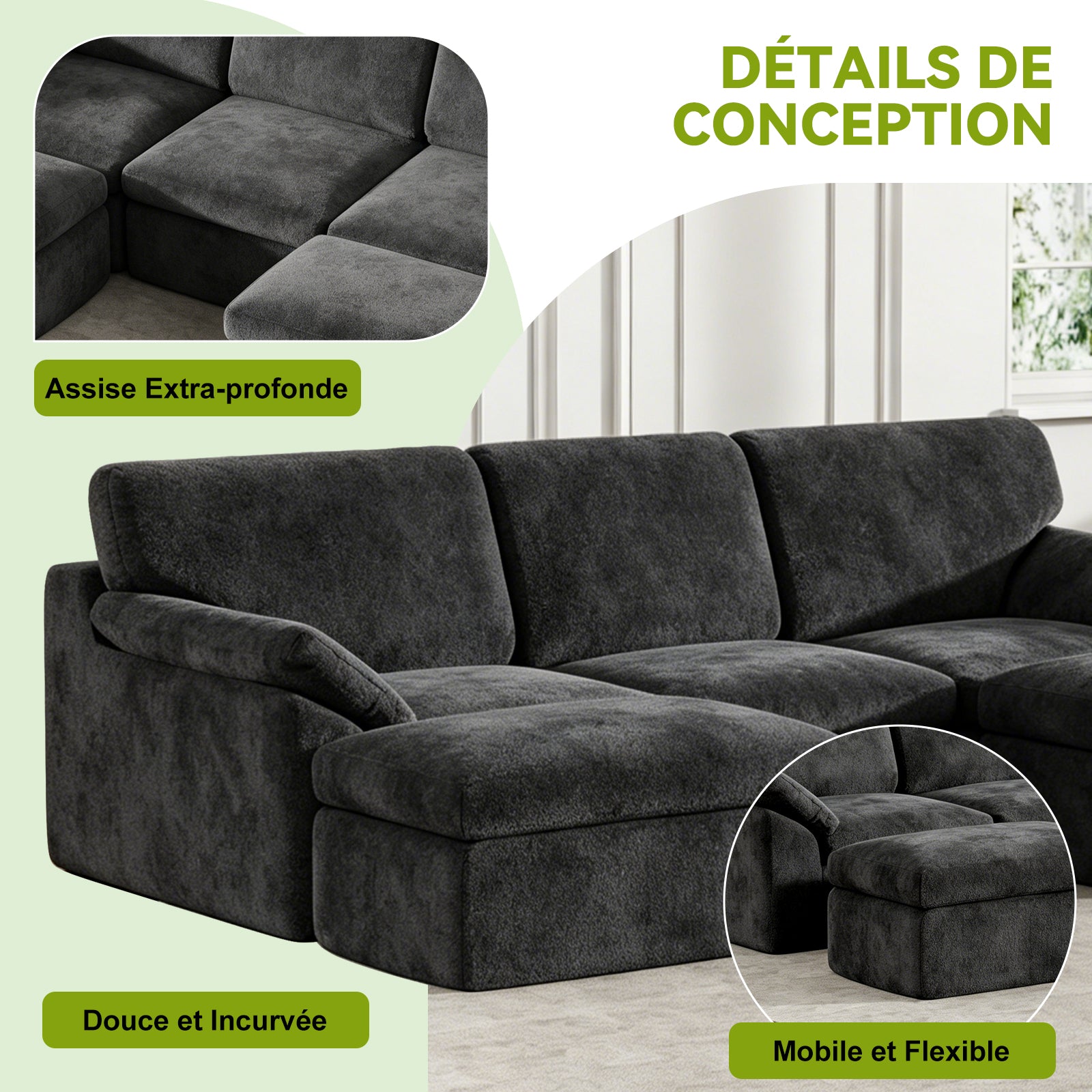 Canapé D'angle en U 5 places, Canapé Modulable Cloud Comfy, Combinaison Libre
