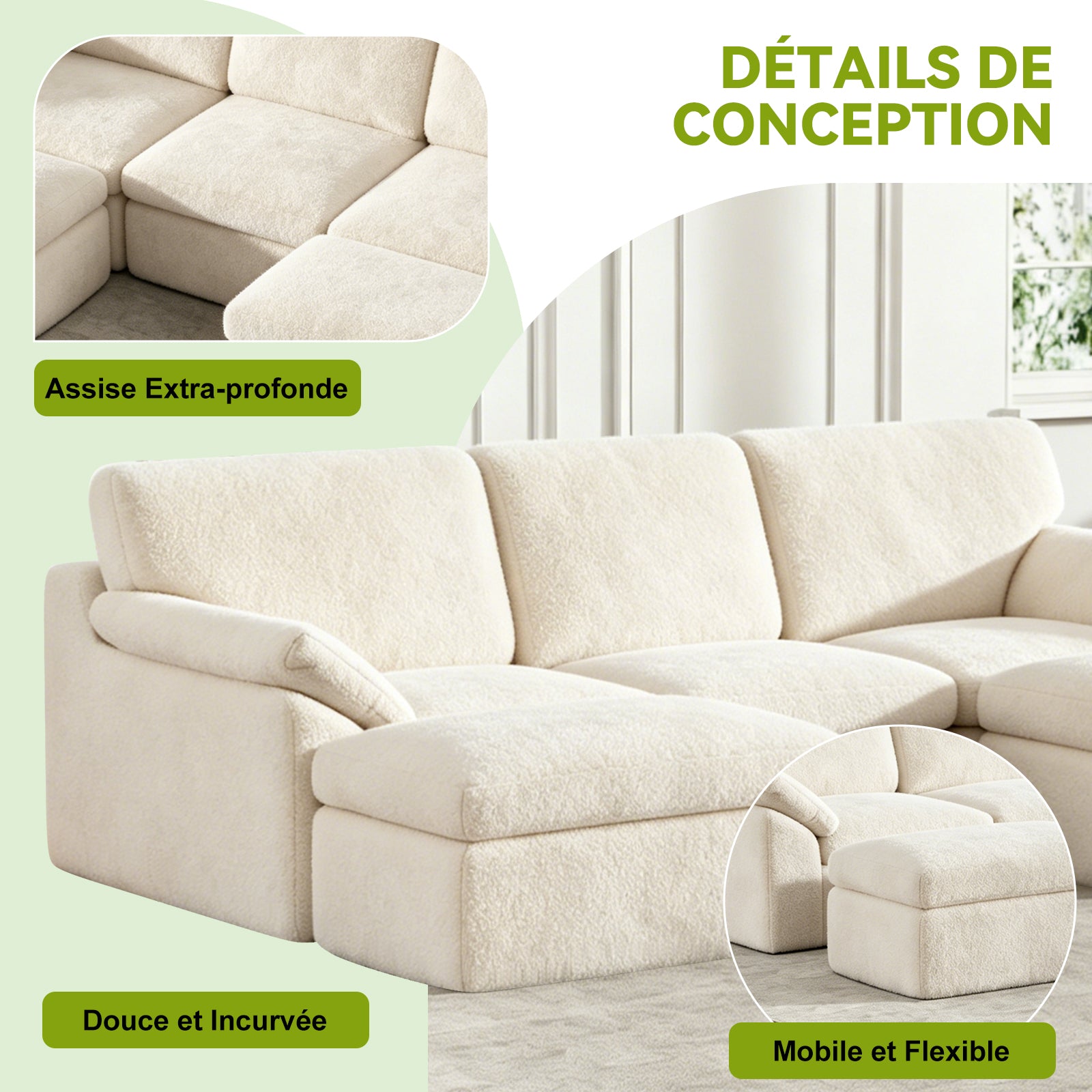 Canapé D'angle en U 5 places, Canapé Modulable Cloud Comfy, Combinaison Libre