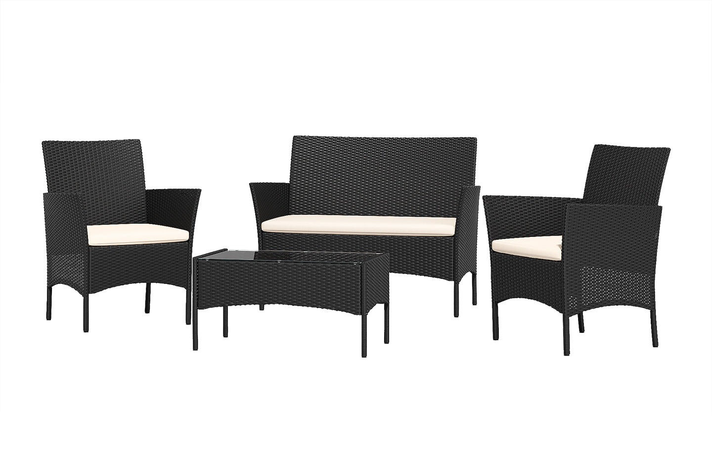 Ensemble de meubles de jardin en rotin 4 places avec 2 chaises simples, 1 canapé double et 1 table