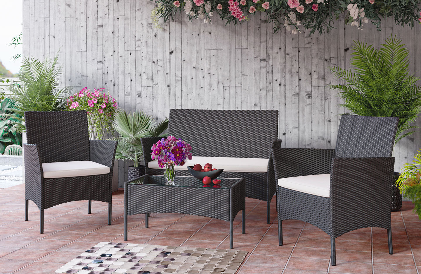 Ensemble de meubles de jardin en rotin 4 places avec 2 chaises simples, 1 canapé double et 1 table
